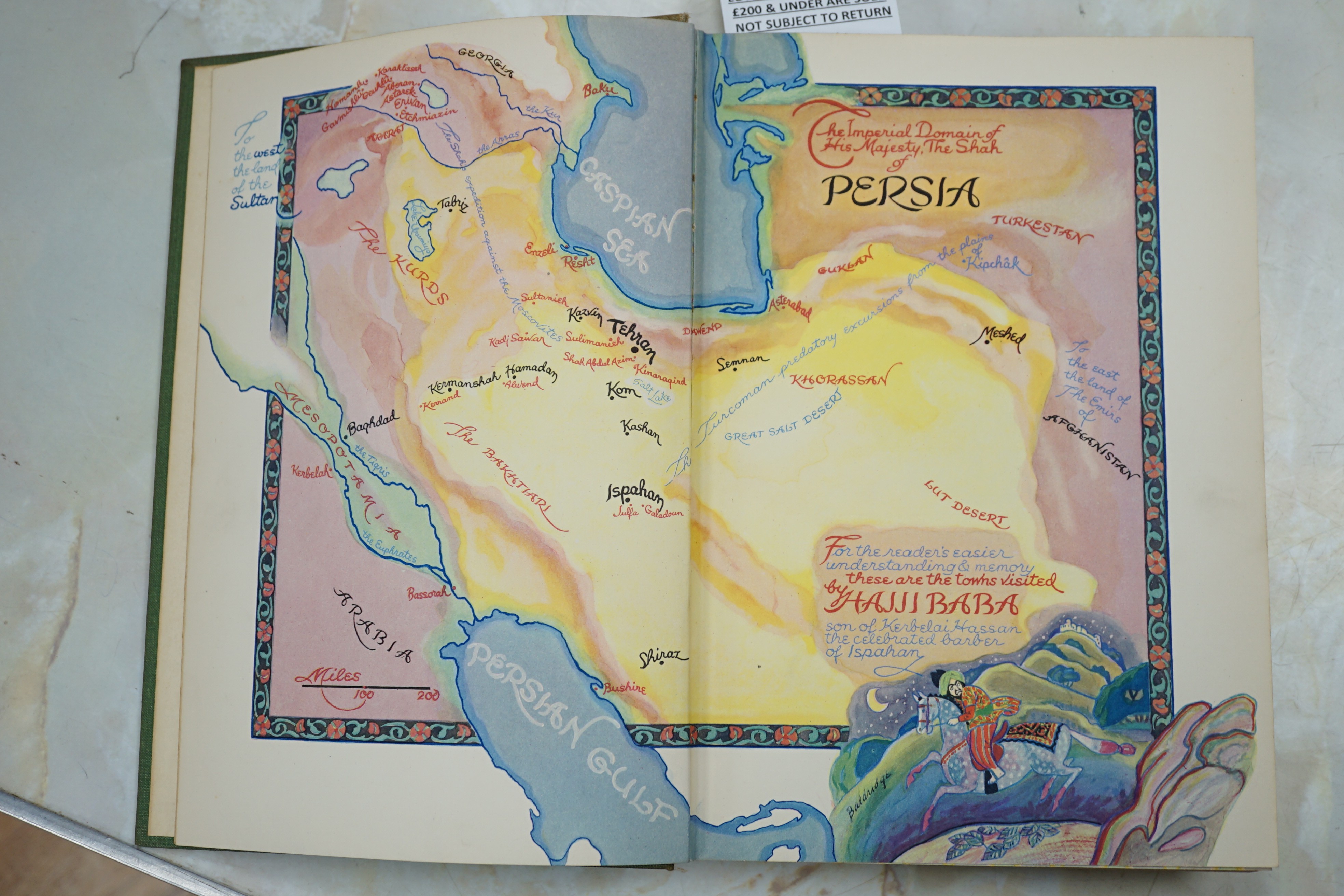 Morier, James - The Adventures of Hajii Baba of Ispahan. coloured decorated title, d-p- coloured pictorial map, 10 coloured plates (by Cyrus LeRoy Baldridge) and other illus.; original blind-lettered green cloth. 1937